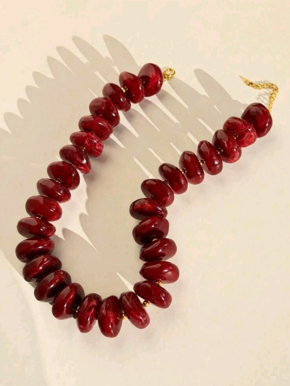 NEW! Red-Burgundy Chunky Thick Bead Statement Necklace - Gold Accents